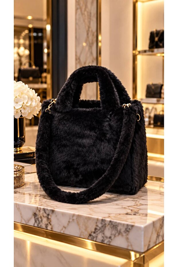 Black Soft Textured Plush Strap Women's Bag 22X26 cm