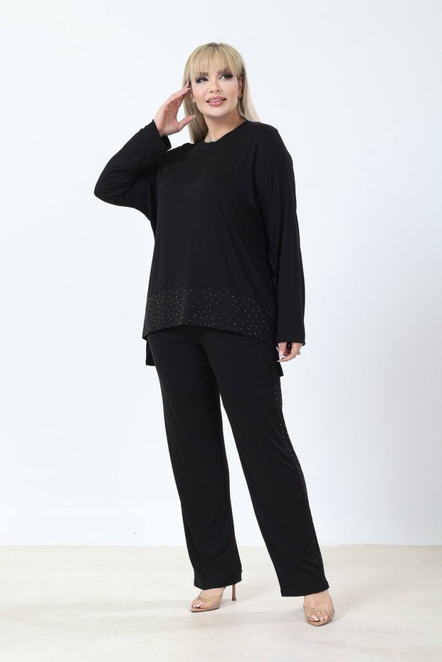 Women's Black Plus Size Stone Detailed Long Sleeve Elastic Waist V-Neck Tracksuit Set