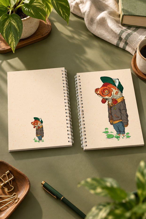 Balık - Goldfish Animal Patterned A5 Spiral Colorful Notebook 45 Sheets 90 Pages 300 Gr Cover Pytkdftr007