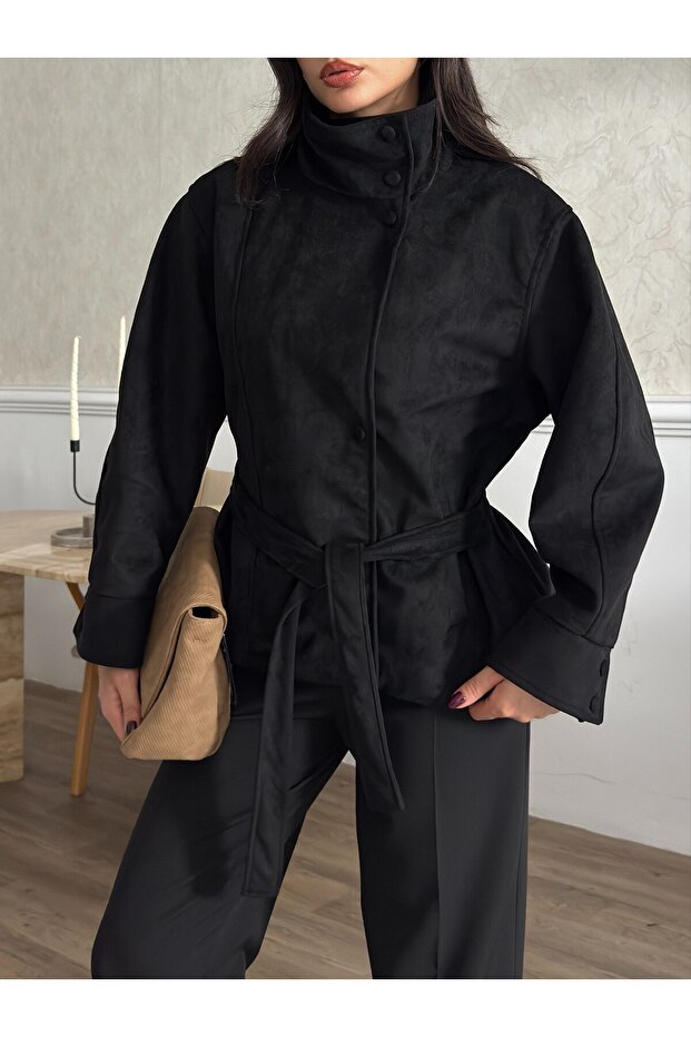 Wide Fit Gathered Back Belted Sukuba Suede Jacket