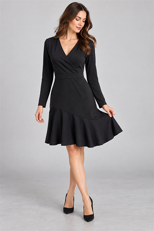 Women's Long Sleeve Double Breasted Collar Asymmetrical Flounce Detailed Short Imported Crepe Dress