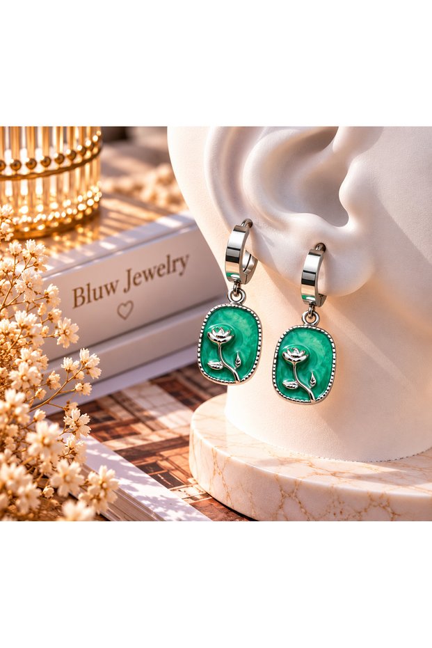 Roselle Rose Figured Dangle Steel Earrings