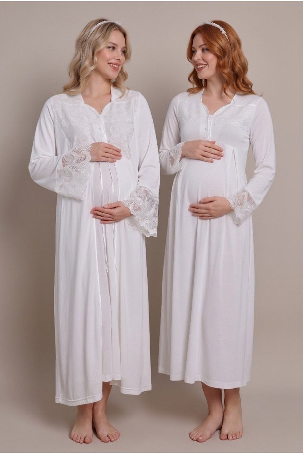 Women's Ecru Lace Long Sleeve Maternity Pajama Set with Nursing Detail and Dressing Gown