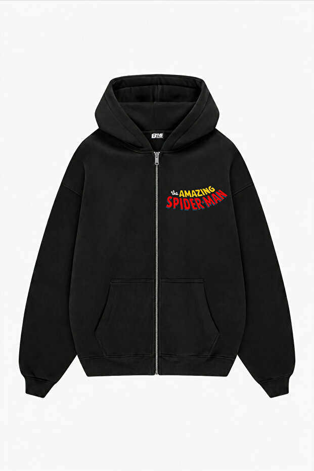 Amazing Printed Zipper Hooded Unisex Black Sweatshirt