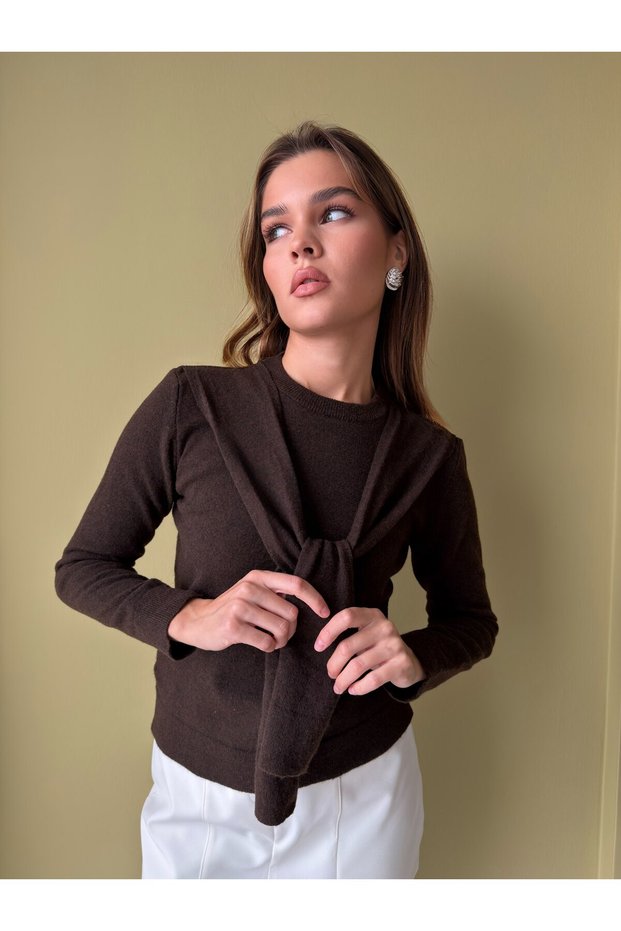 Shoulder Tie Detail Crew Neck Knitwear Sweater Aw26Kz00078