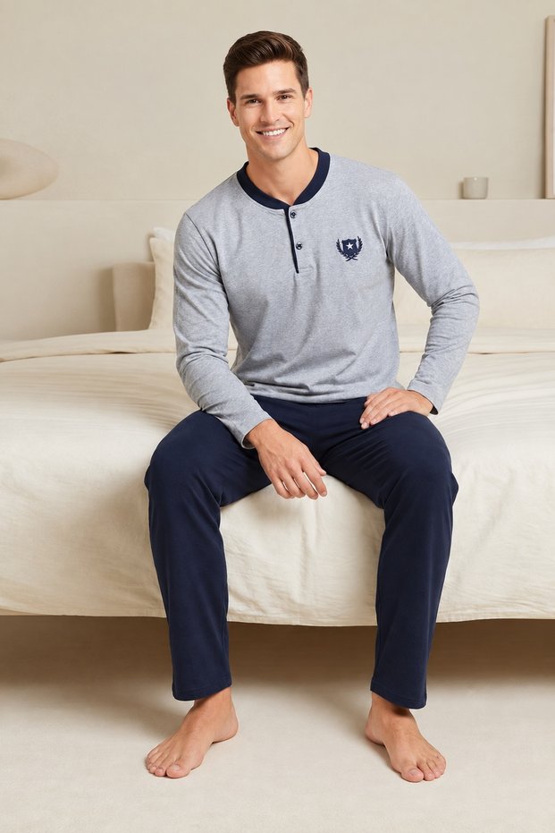 Men's Pajama Set. Open-End Single Jersey Cotton. 30/1 Transitional Fabric. Long Sleeves. Button-Down Collar. Gray