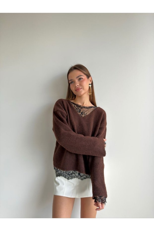Lace Detailed V-Neck Knitwear Sweater Aw26Kz00079