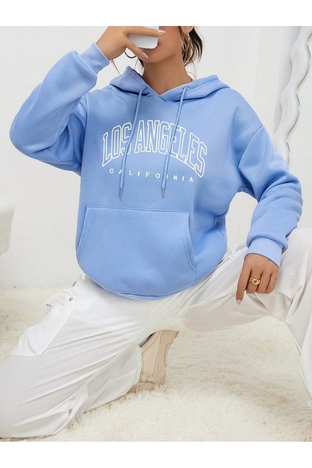 Los Angeles Printed Premium Oversize Hooded 3 Thread Cotton Sweatshirt