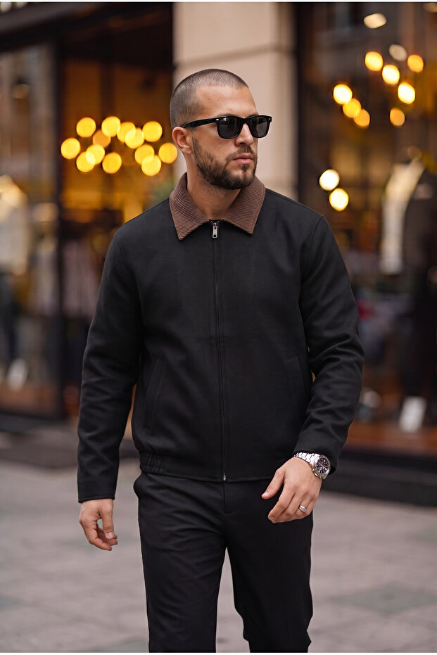 Velvet Collar Detailed Unisex Relax Basic Fabric Jacket