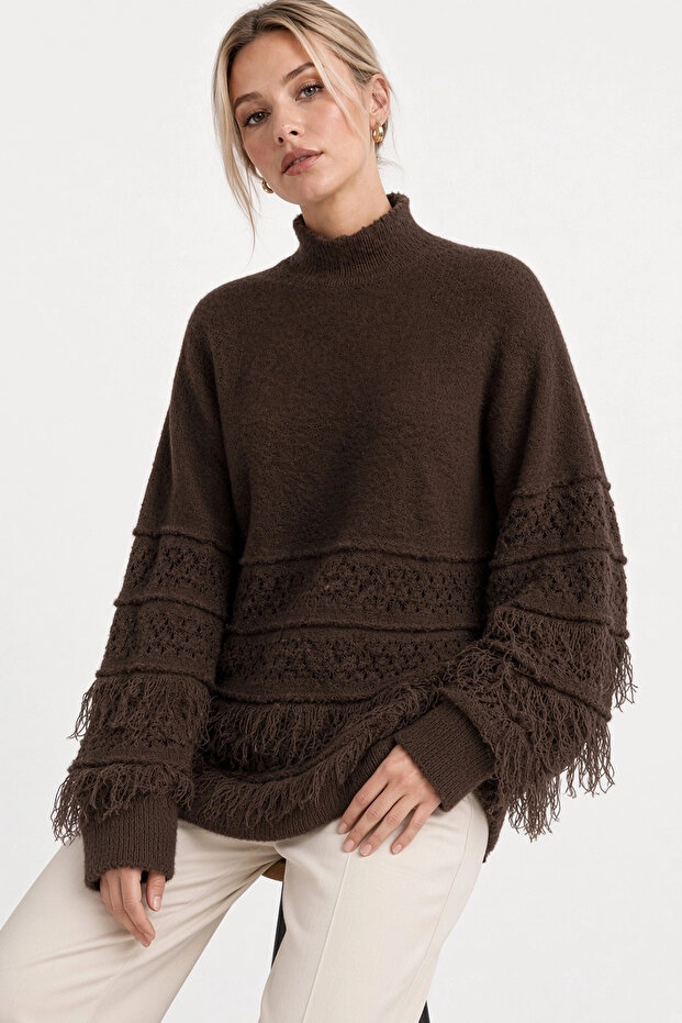 Women's Brown Tasseled Openwork Detailed Half Turtleneck Soft Bohemian Knitwear Sweater