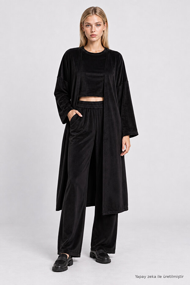 3-Piece Velvet Textured Knitted Top and Bottom Set Lby0093 Black