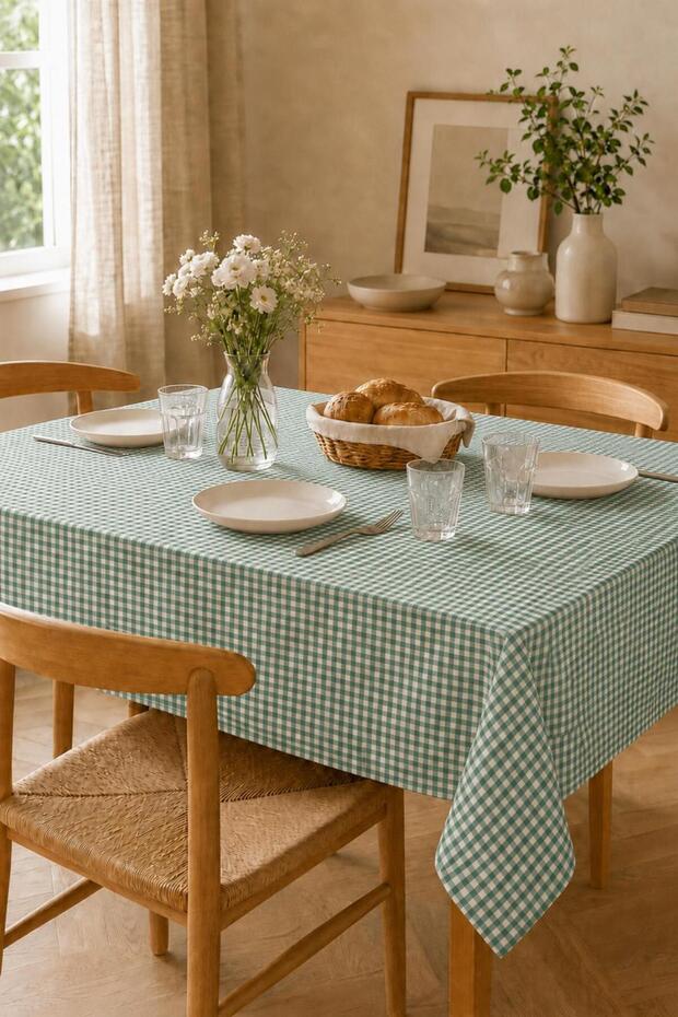 Green Piti Checkered Ready-To-Use Cotton Tablecloth Table Cloth Picnic Cloth Zefir 170 X 170 ±5