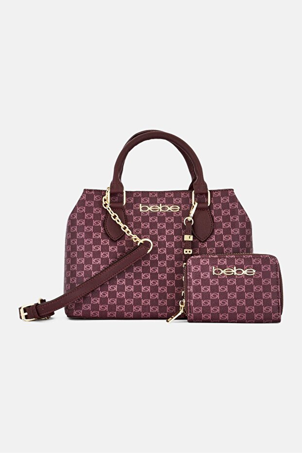 Women Brand Logo Satchels Bag With Wallet, Burgundy