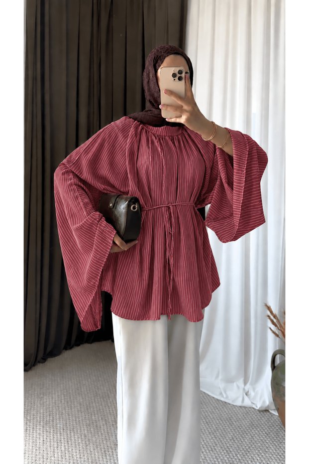 Spanish Sleeve Striped Oversize Tunic - Burgundy