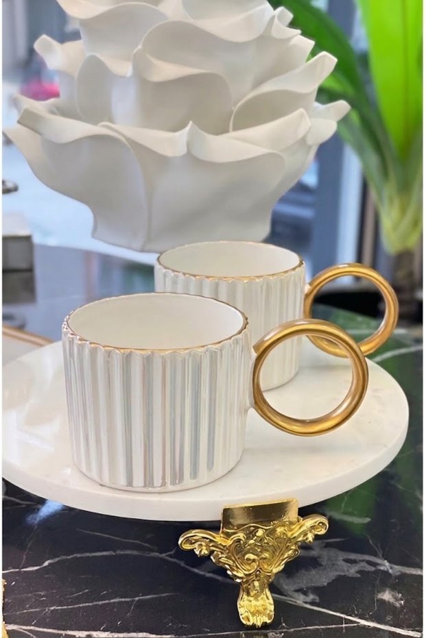 Gold Ring Handle and Fluted Luxury Ceramic Mug Set (2 Pieces)
