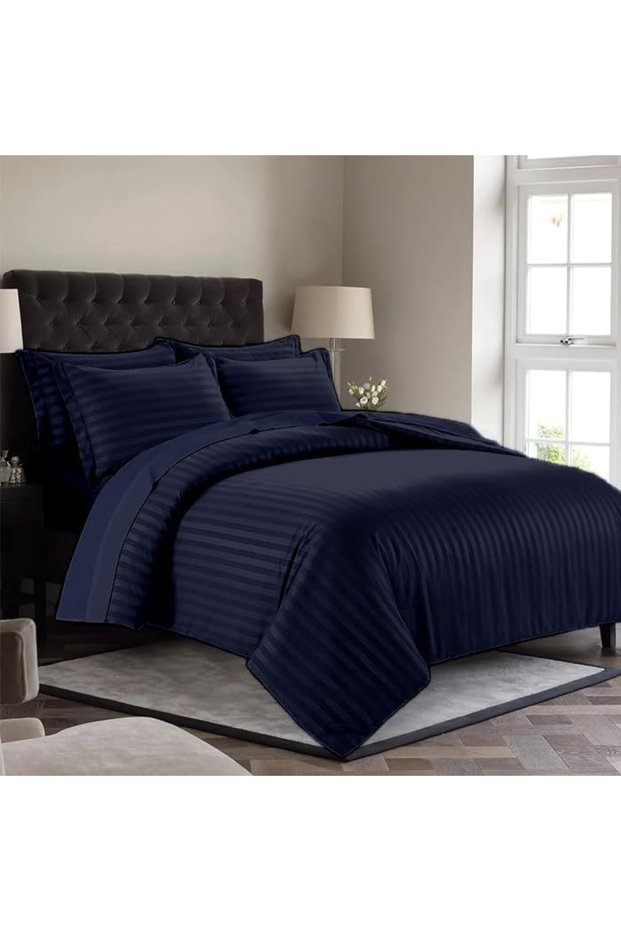6 pcs Striped Duvet Cover Set Queen Size 210x230 Bedding Set – 1 Fitted Sheet, 1 Quilt Cover, 4 Pillowcases, Navy Blue