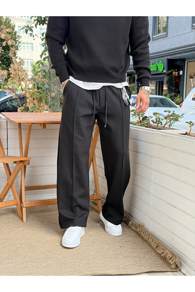 Men's Baggy Sweatpants Black Modal Fabric with Accessory Detail