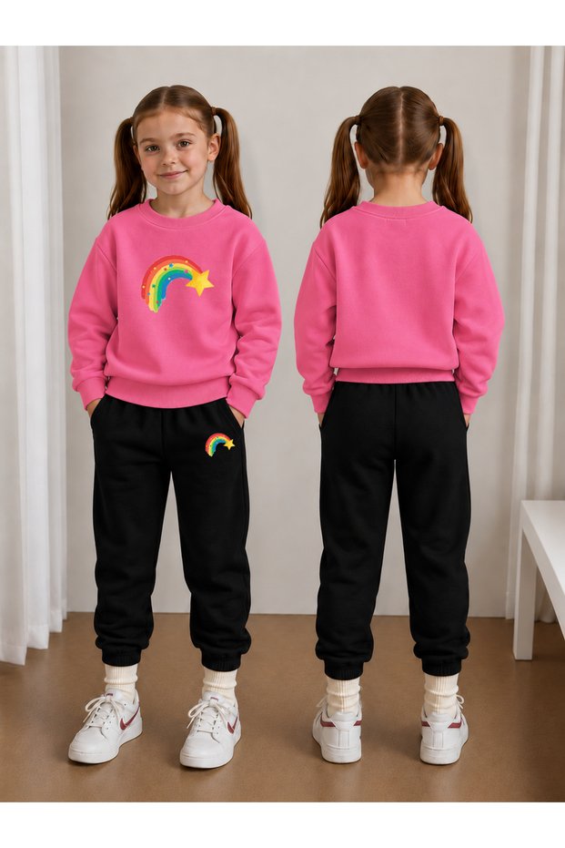 Crew Neck Sweatshirt Tracksuit Set for Girls, 2-Piece Printed Top and Bottom Set