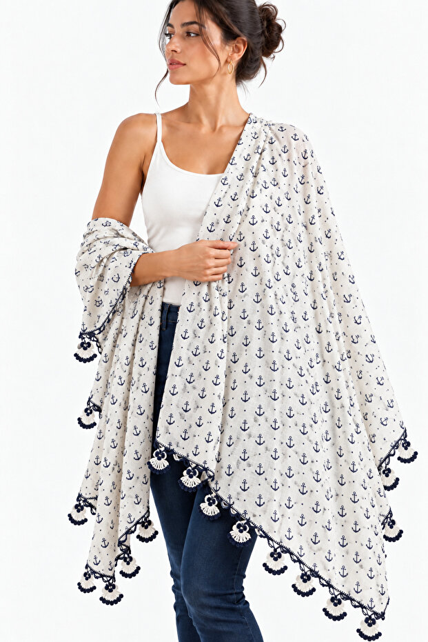 Handmade Knitted Anchor Patterned Cotton Bohemian Shawl