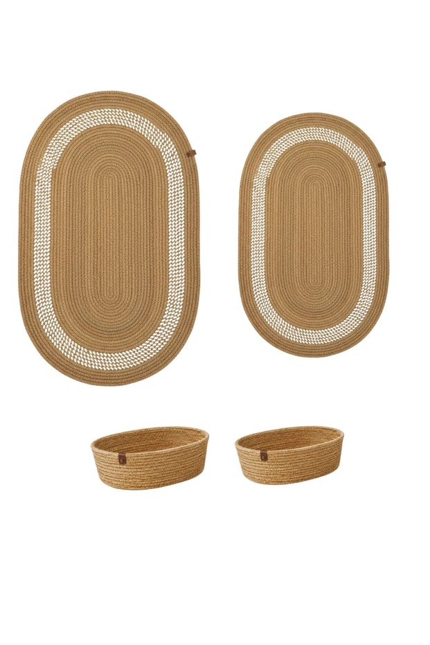 4-Piece Jute Bathroom Set: 2 Patterned Washable Mats + 2 Multi-Purpose Organizer Oval Baskets