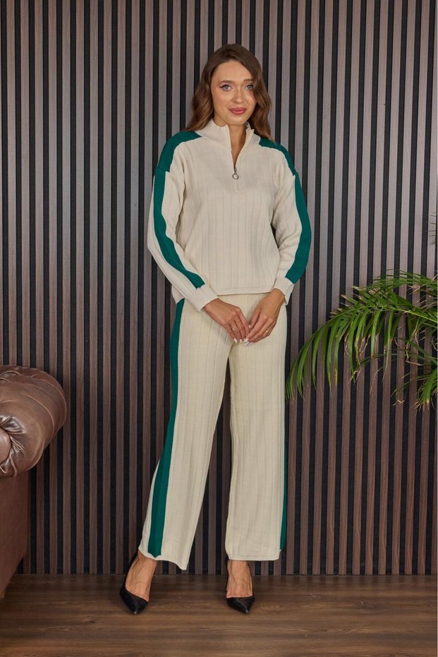 Women's Zippered Stripe Detailed Double Knitwear Set