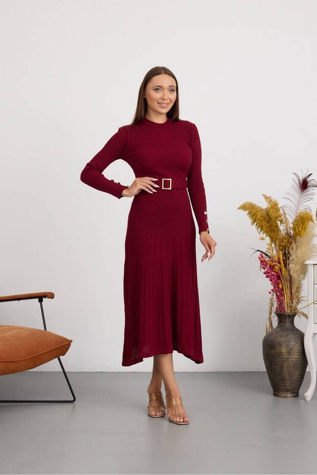 Women's Knitwear Ribbed Belted Crew Neck Long Sleeve Dress