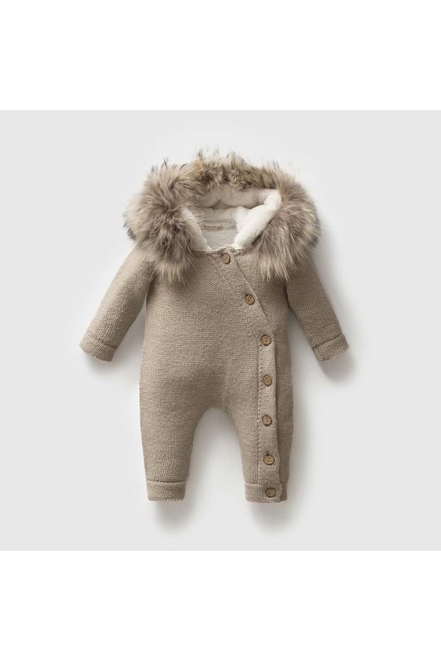 Plush Detailed Inside with Fur Hooded Baby Knitwear Jumpsuit - Knitted Winter Astronaut Jumpsuit with Side Buttons