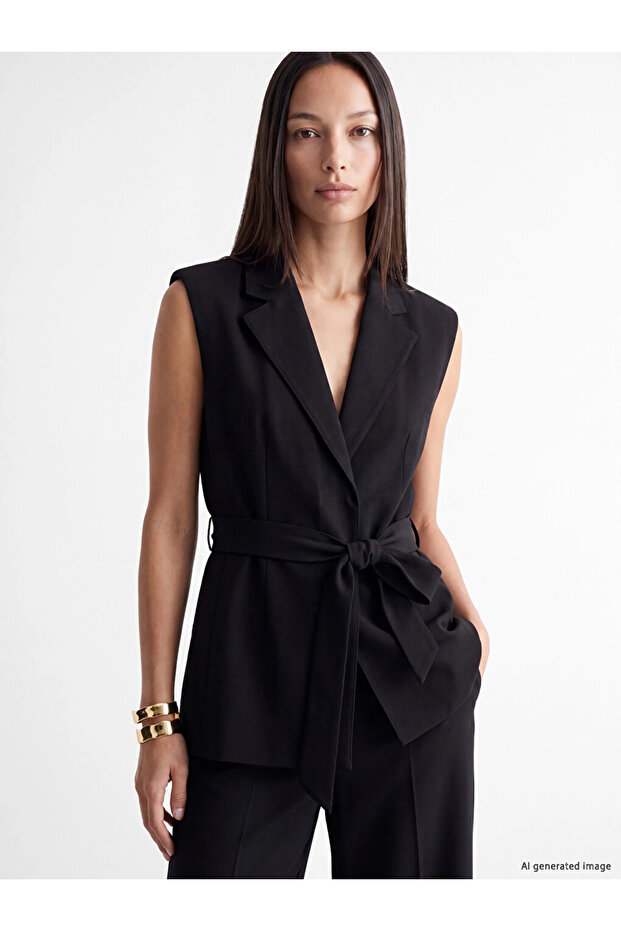Black Belted Linen Blend Women's Classic Vest