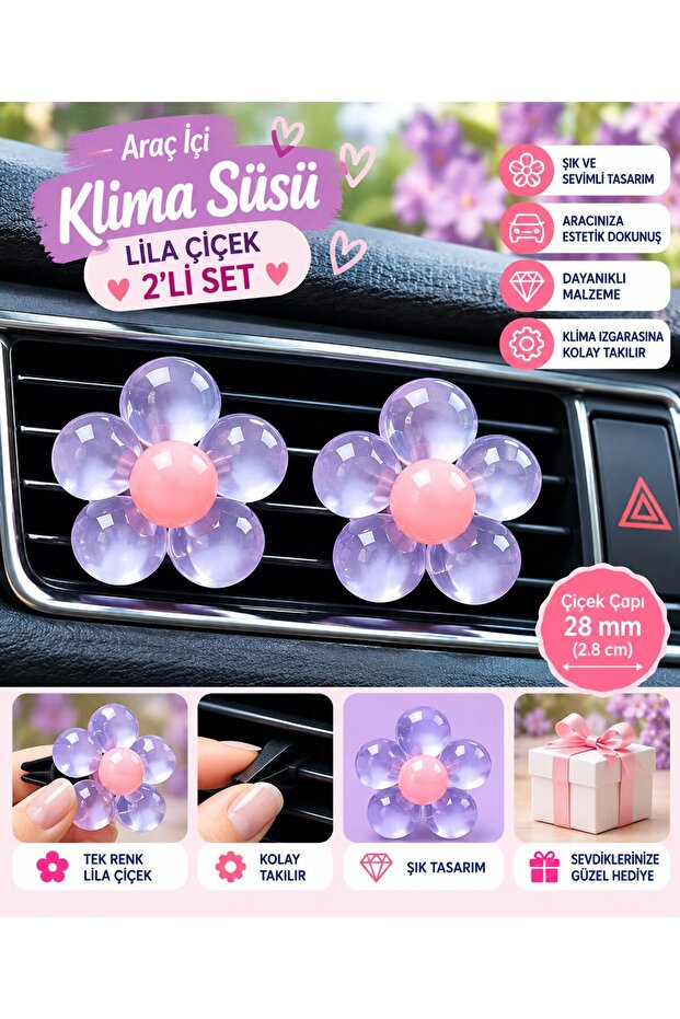 Lilac Flower Set of 2 Car Interior Air Conditioning Ornament – Decorative Air Vent Ornament with Pink Belly