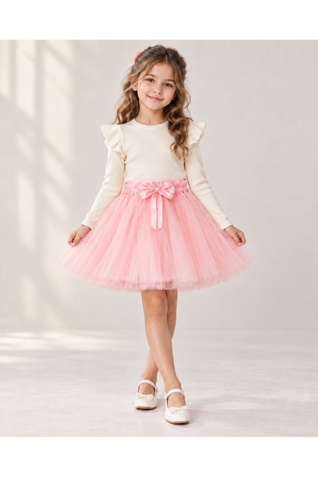 Girl's Pink Tutu Skirt and Cream Ruffle Badi Set