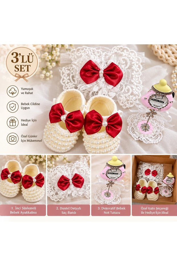 Baby Girl Gift Set: Red Bow and Pearl Detailed Baby Booties and Headband Set
