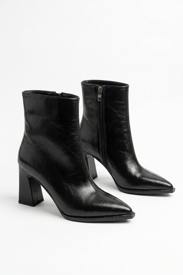 Muder Pointed Toe Mid-Stitched Women's Heeled Boots Black Wrinkled
