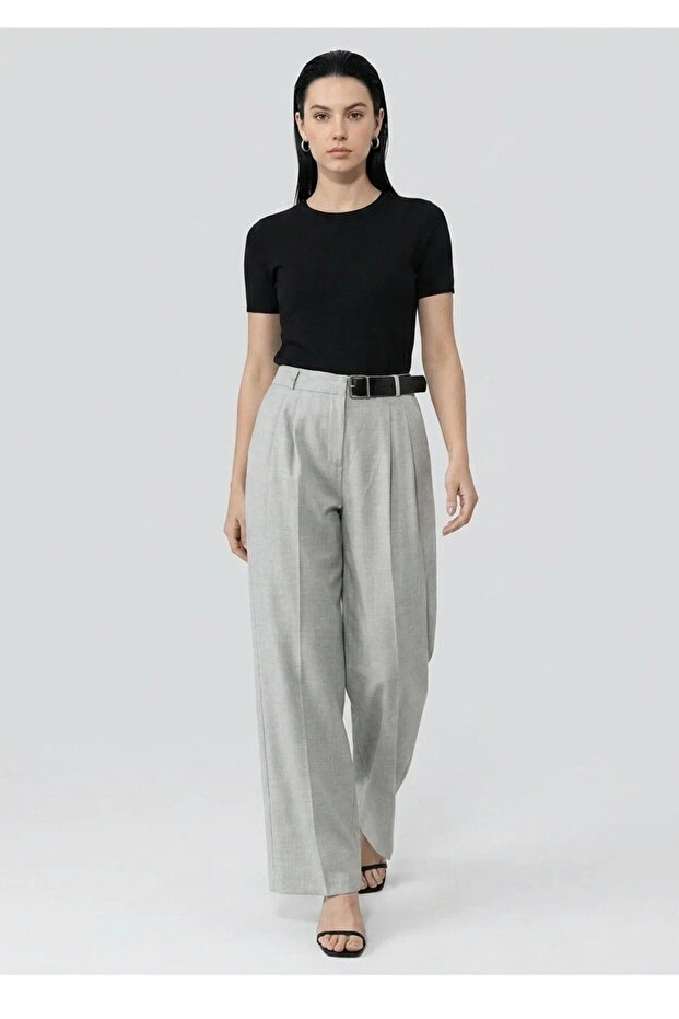 Gray Palazzo Pants with Belt Detail