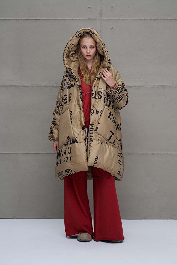 Beige Patterned Long Oversize Jacket 18137
