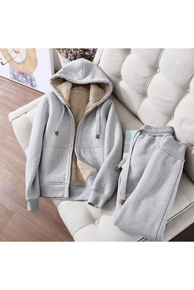 Unisex Fleece-Lined Zippered Hooded Tracksuit Set – Warm Winter 2-Piece Set