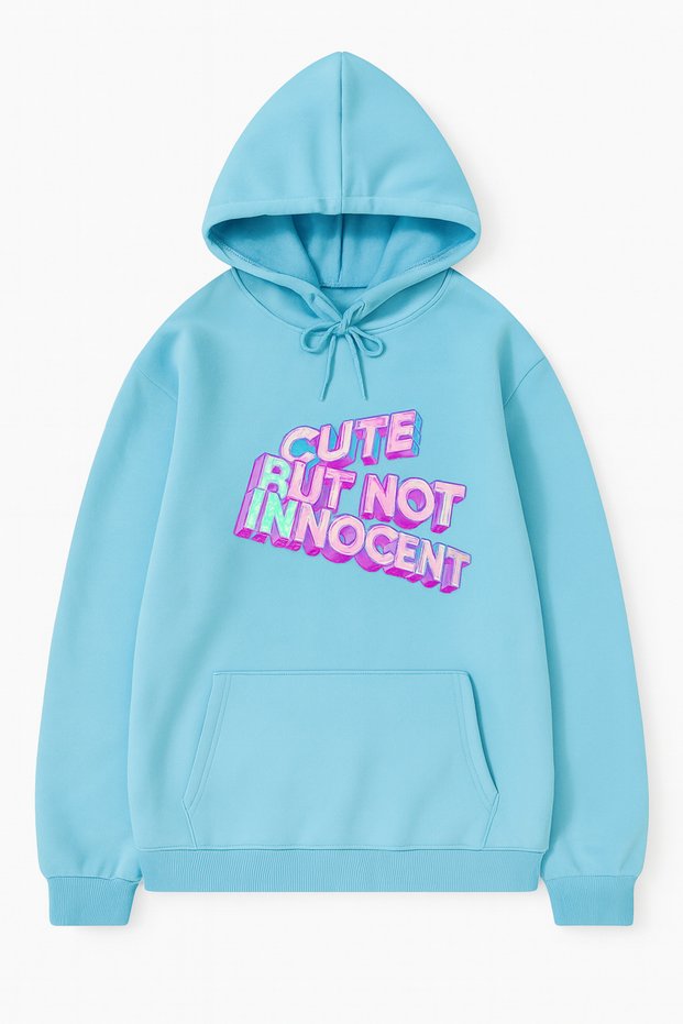 Unisex Oversize 3 Thread Ripped Hooded Sweatshirt with Kangaroo Pocket and Adjustable Drawstring, "Cute but Not Innocent" Slogan Printed