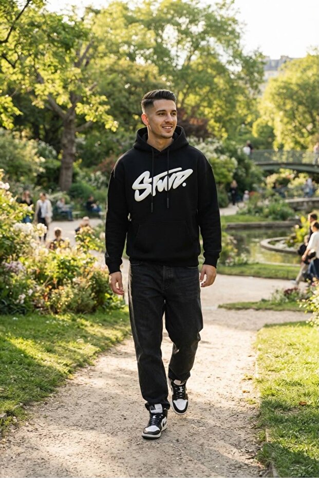 Black Unisex Oversize 3 Thread Raster Printed Hooded Sweatshirt with Kangaroo Pocket and Adjustable Drawstring "Slogan Written in Handwritten Style"
