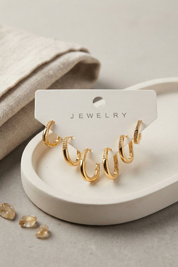 Gold Color Zircon Stone Brass Thin Square Hoop Model Women's Earring Set -