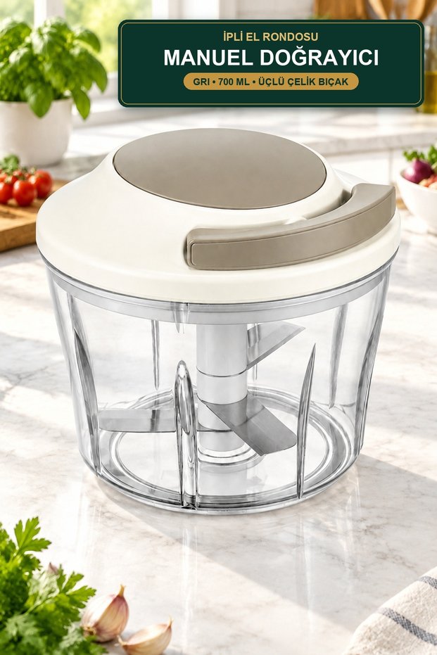Drawstring Hand Chopper Gray 700 ml Manual Chopper with Triple Steel Blades Onion Garlic Chopper