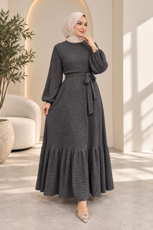 Women's Textured Belted Pleated Hijab Dress – Long Sleeve Dress