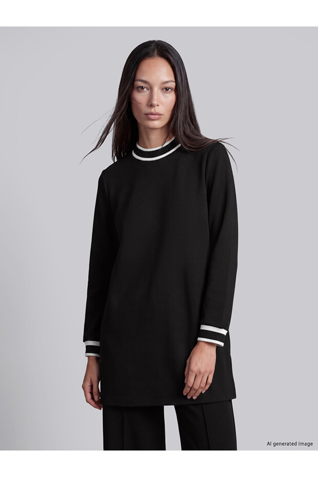 Ozmarka New Season Black Stripe Detailed Soft Touch Women's Sweatshirt Tunic