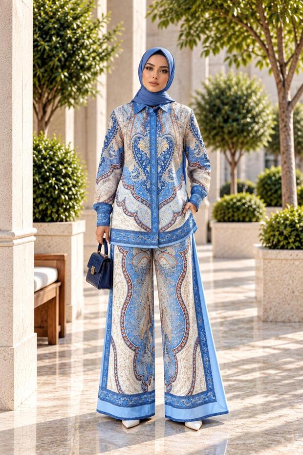 Floral Patterned Linen Hijab Double Set (Shirt & Pants) - 25040
