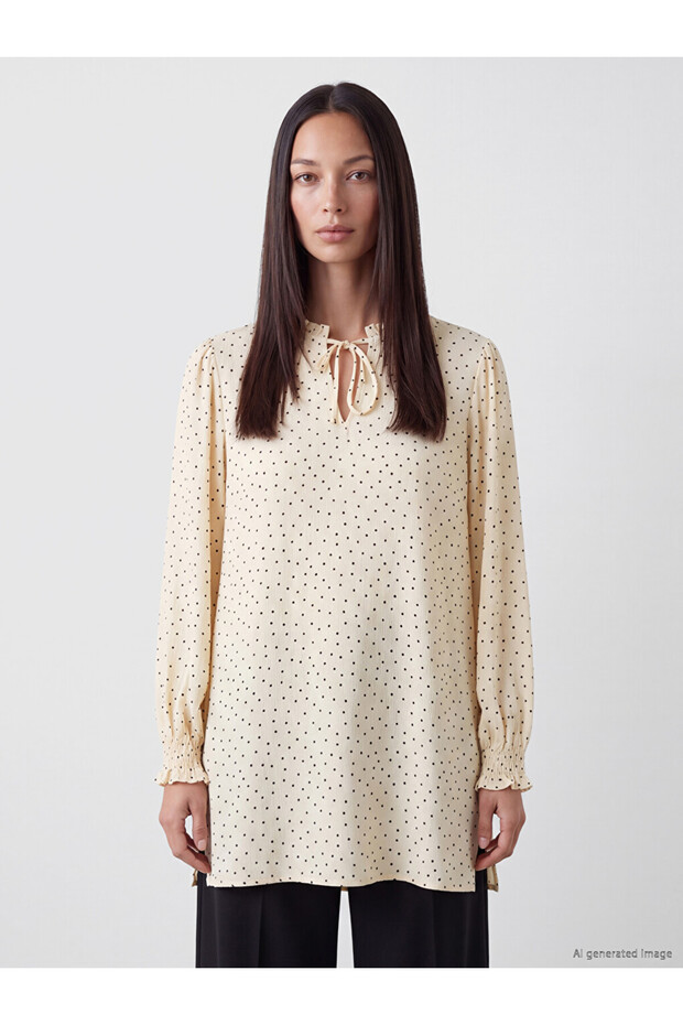 Özmarka New Season Beige Tie-Neck Polka Dot Women's Tunic