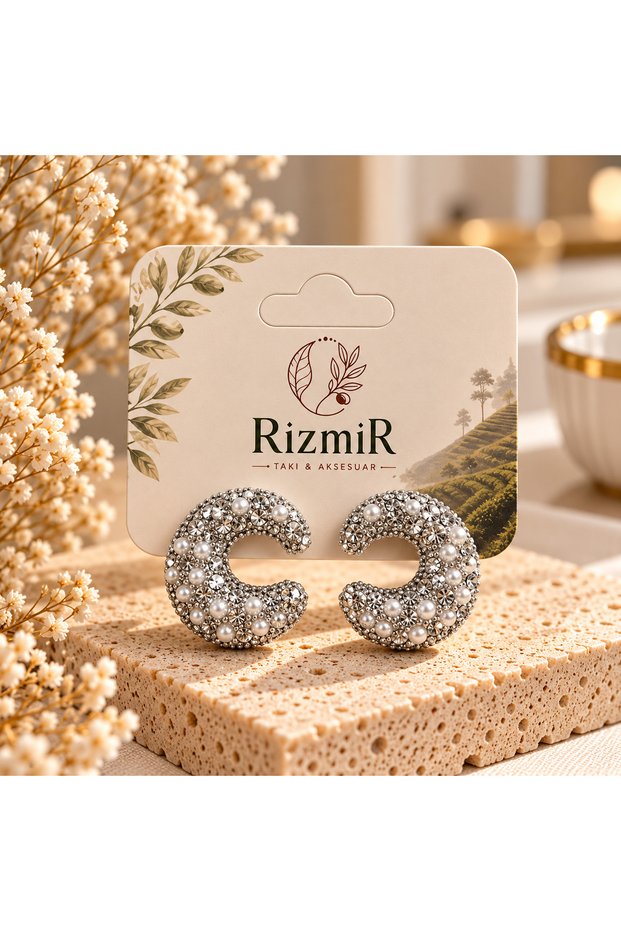 Silver Color Stone and Pearl Detailed Moon Form Women's Earrings