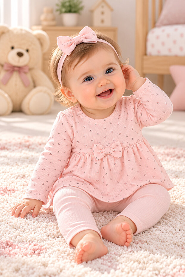 Ss Gi̇yi̇m Baby Girl Floral Patterned 2-Piece Set – Bowknot Top and Ribbed Leggings