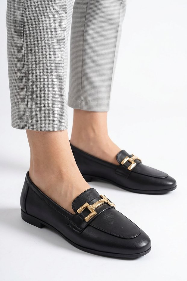 Lonre Blunt Toe Front Buckle Genuine Leather Women's Ballerinas Black Skin