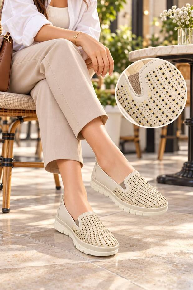 Fully Orthopedic Stone Detailed Ballet Shoes Mother's Shoes Casual Shoes Classic Shoes