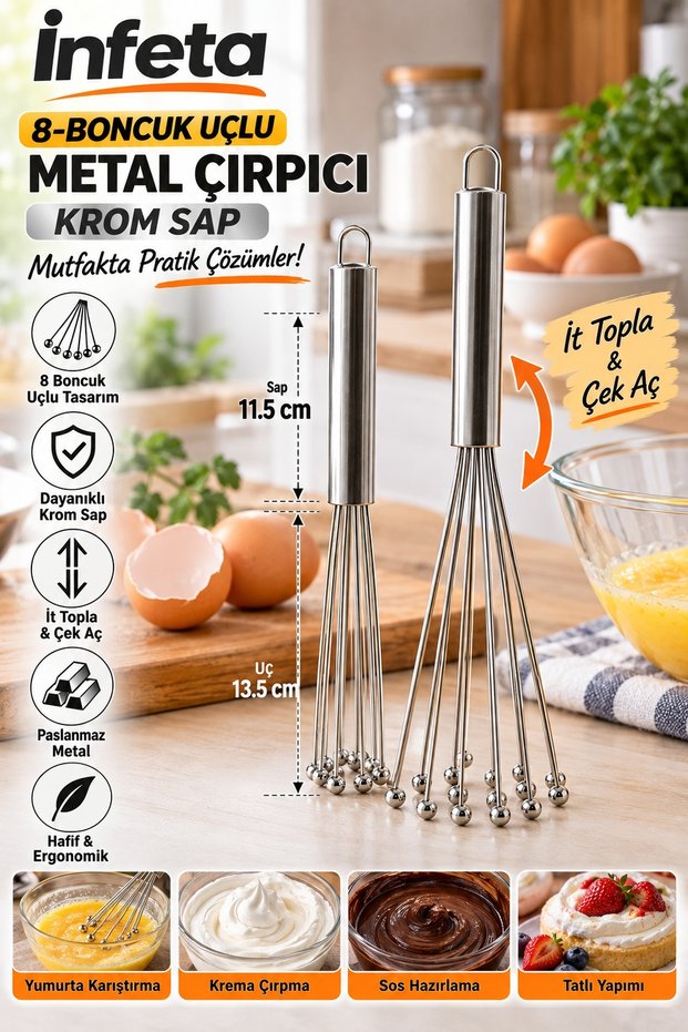 8 Bead-Tipped Metal Whisk with Chrome Handle Adjustable Egg Sauce Mixer 25 cm