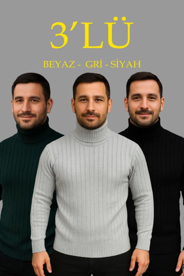Men's Corded Fabric Knitwear Sweater Set of 3, Gray Khaki Black Regular Turtleneck Full-Throated Knitwear Set Model