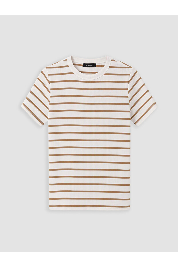 Two Mt Shop Quality Beige Camisole Striped Tight & Slim Short Sleeve Women's T-Shirt